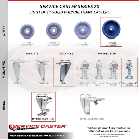 Service Caster 5 Inch SS Solid Polyurethane Swivel 10mm Threaded Stem Caster Brakes, 2PK SCC-SSTS20S514-SPUS-M1015-2-TLB-2